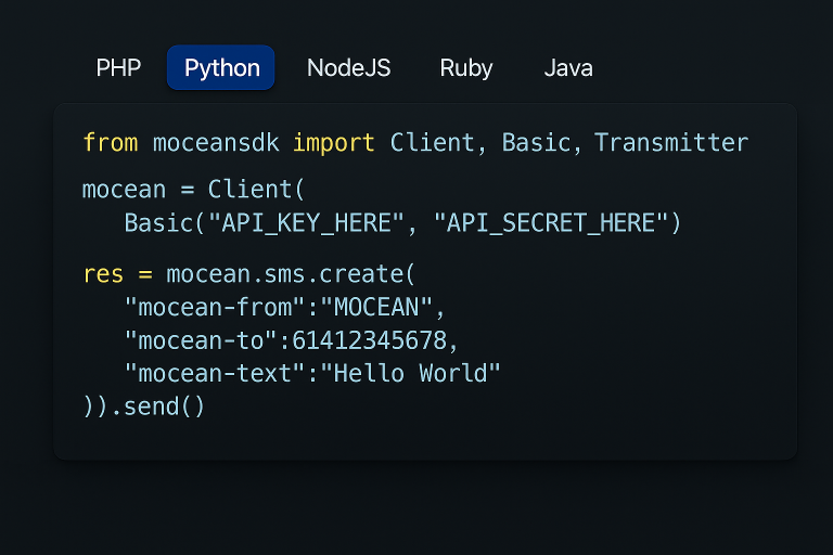 Python code example using Mocean’s SMS API to send instant messages